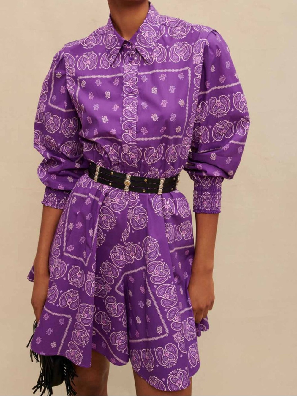 Maje Purple Bandana Paisley Print Cotton Mini Shirt Dress Boho Long Sleeve Smock
